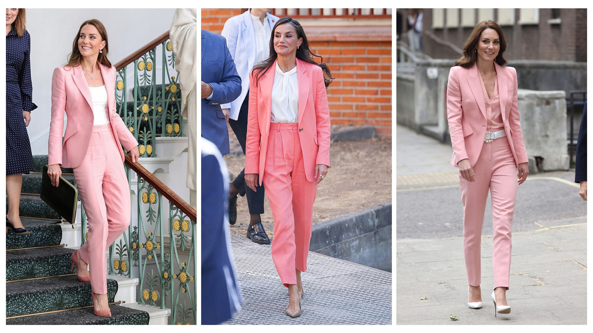Three women in stylish pink suits, each with different designs and settings, showcasing modern professional fashion.