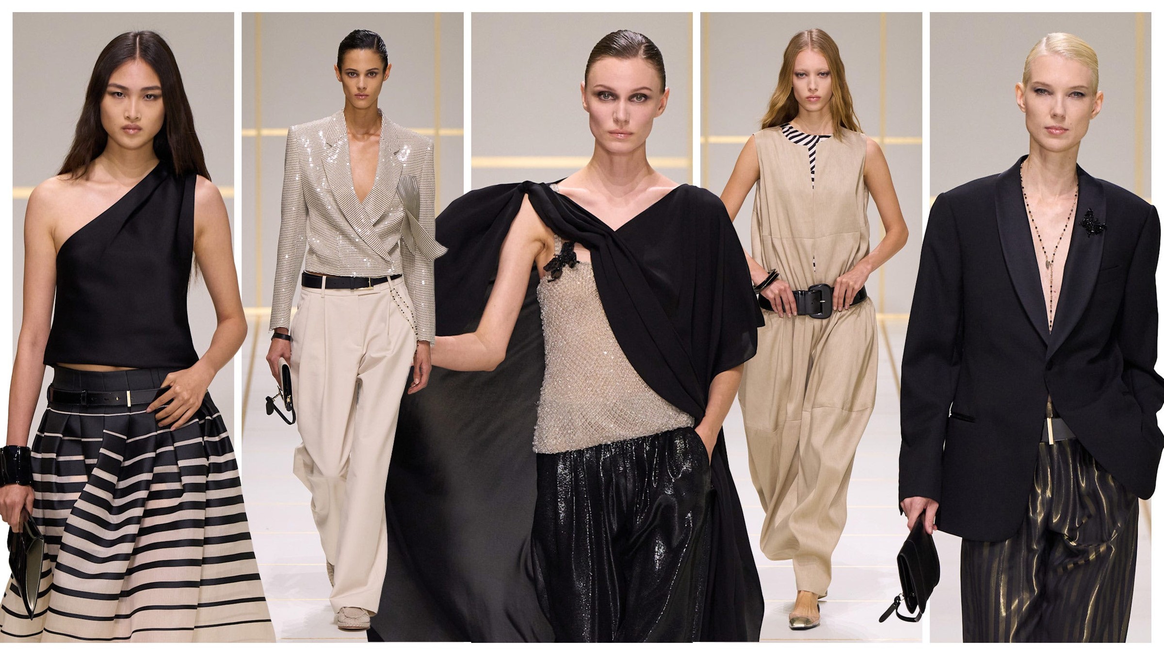 Models showcasing modern fashion designs on a runway with diverse styles and textures.