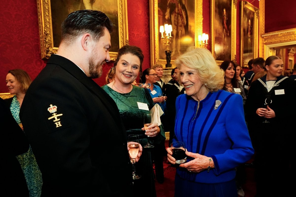 Queen Camilla hosts a reception at St. James's Palace to celebrate the return of HMS Prince of Wales after its recent deployment on December 18, 2025 (Aaron Chown/PA Images/Alamy)