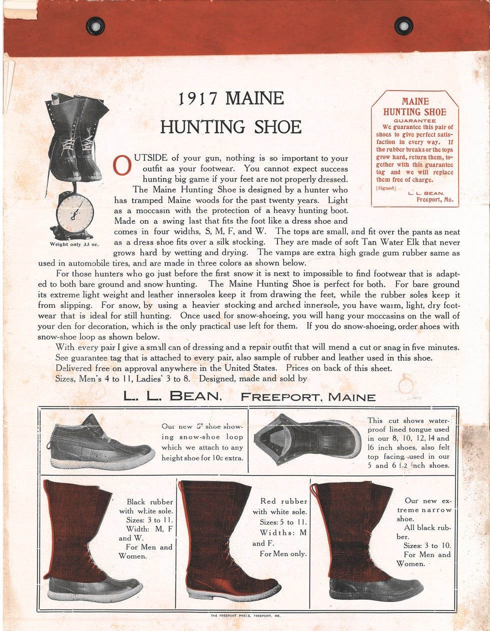 Vintage advertisement for 1917 Maine Hunting Shoe by L.L. Bean, detailing features and sizes for men's and women's footwear.