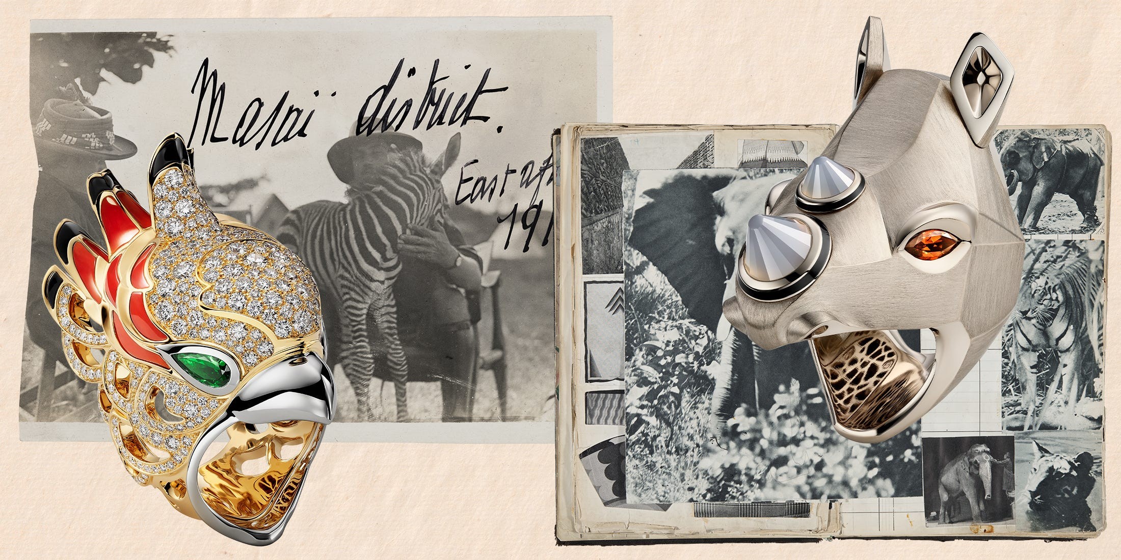 Gold and silver animal-inspired jewelry pieces on a vintage photo background.