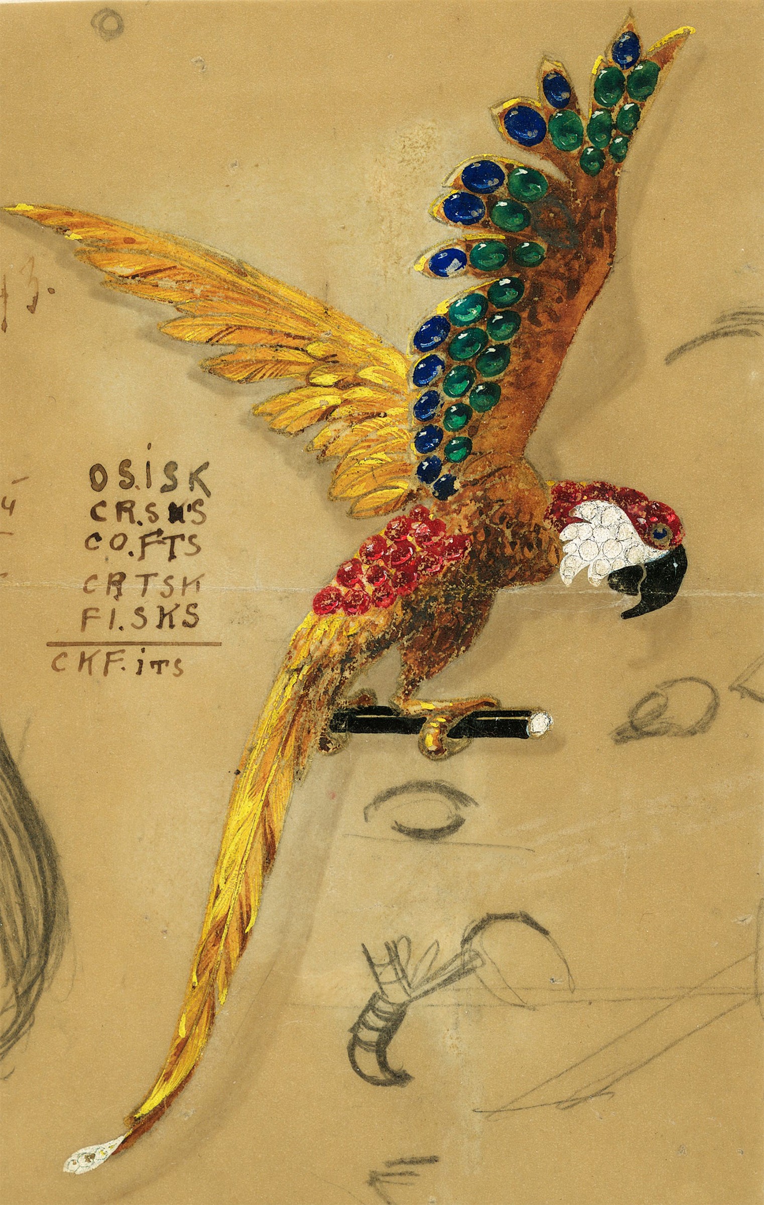 Colorful jewel-encrusted parrot illustration with detailed feathers and a striking pose on a beige background.