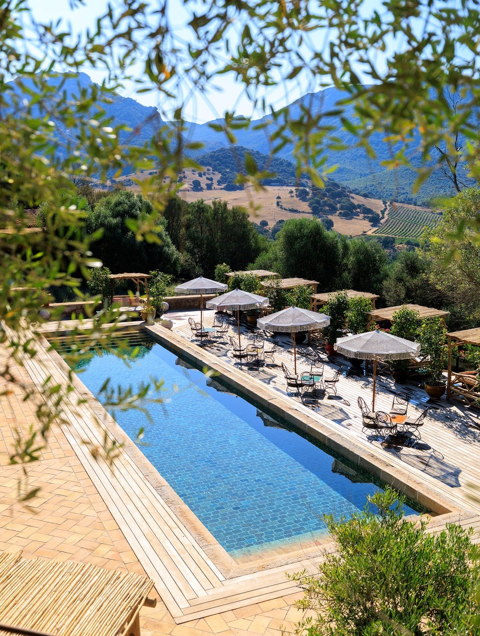 Domaine de Murtoli, Corsica Scenic view of a poolside area surrounded by greenery and mountains under a clear blue sky.