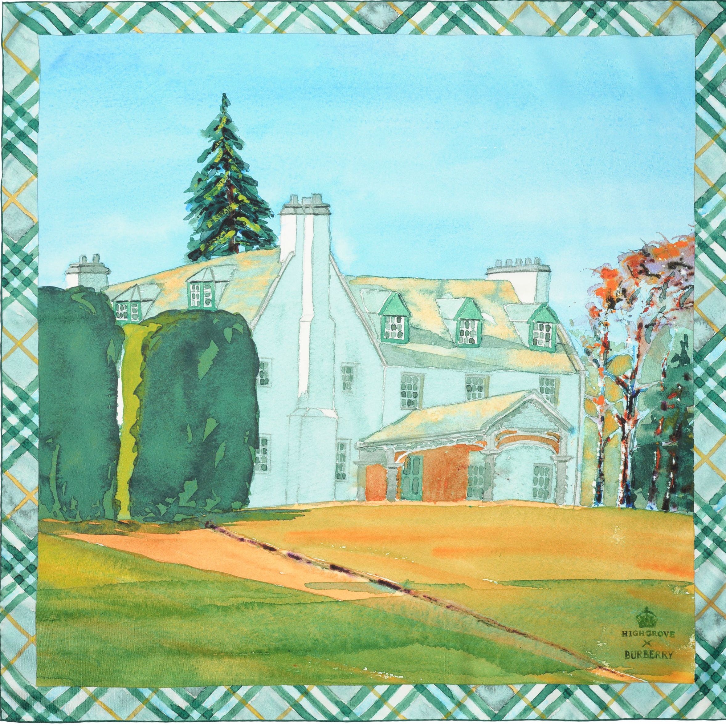 Watercolor painting of a house surrounded by greenery and trees, with a path leading up to the entrance.
