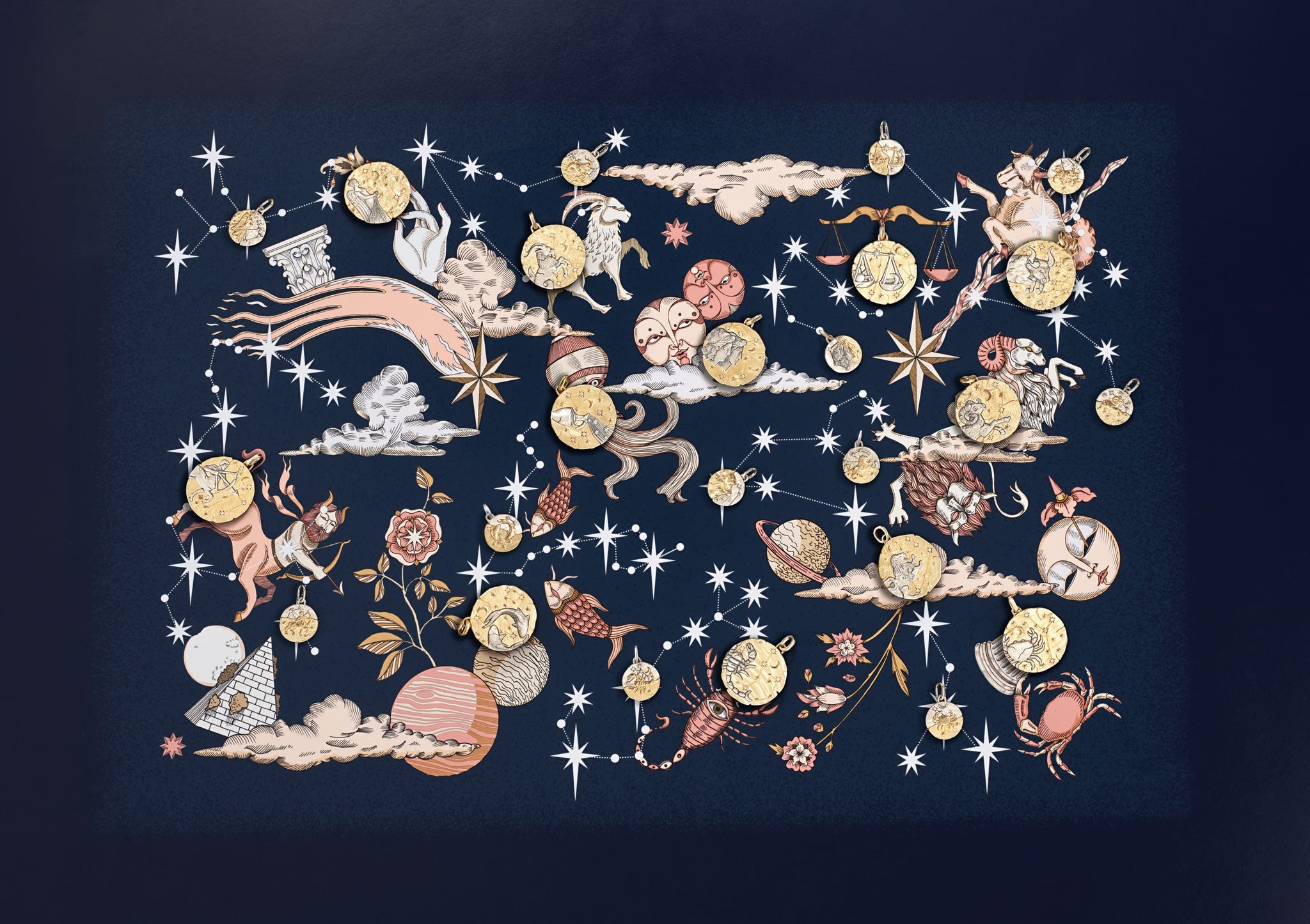 Astrological signs and celestial symbols illustrated among clouds and stars on a dark background.