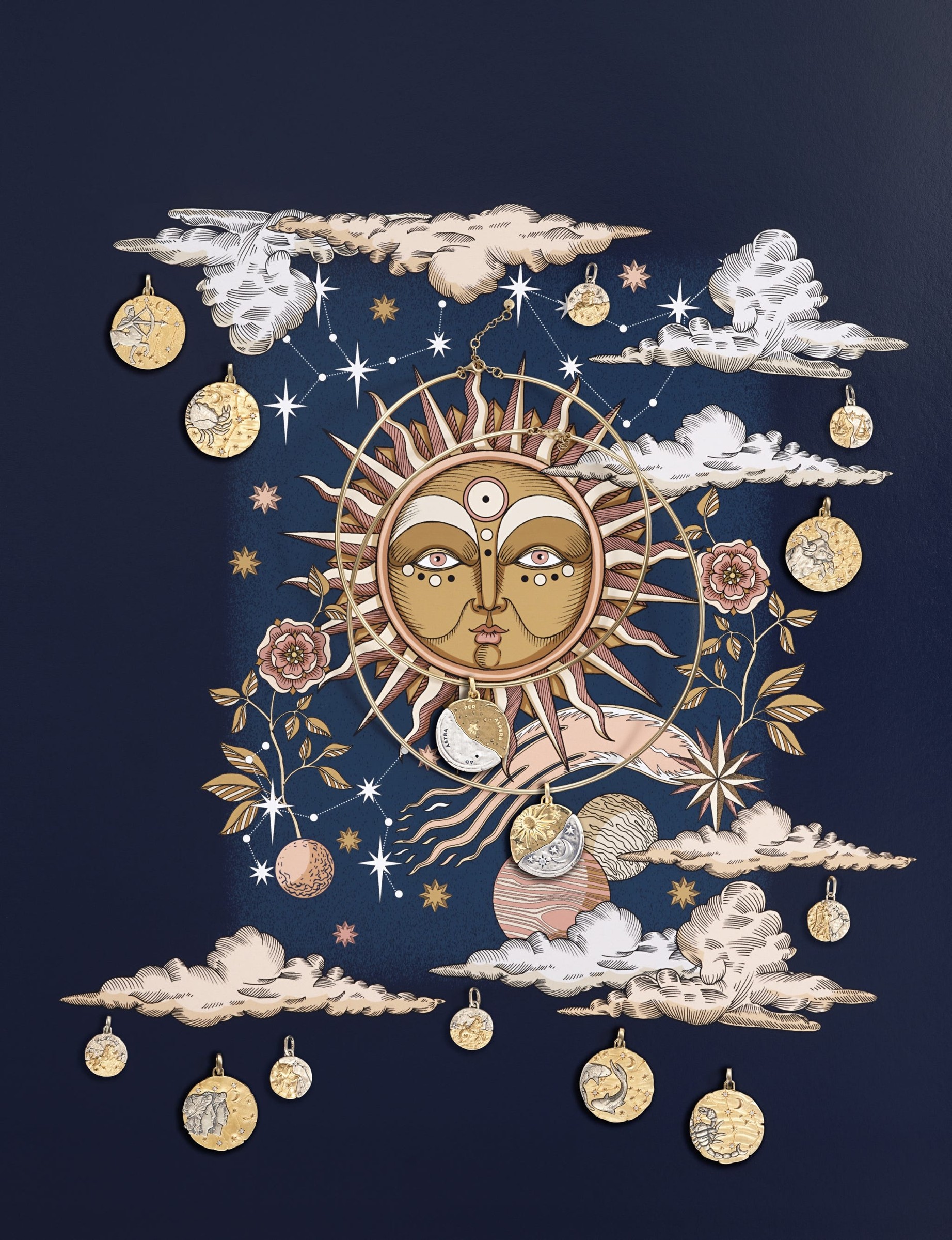 Artistic depiction of a sun face surrounded by celestial elements and clouds on a dark blue background.