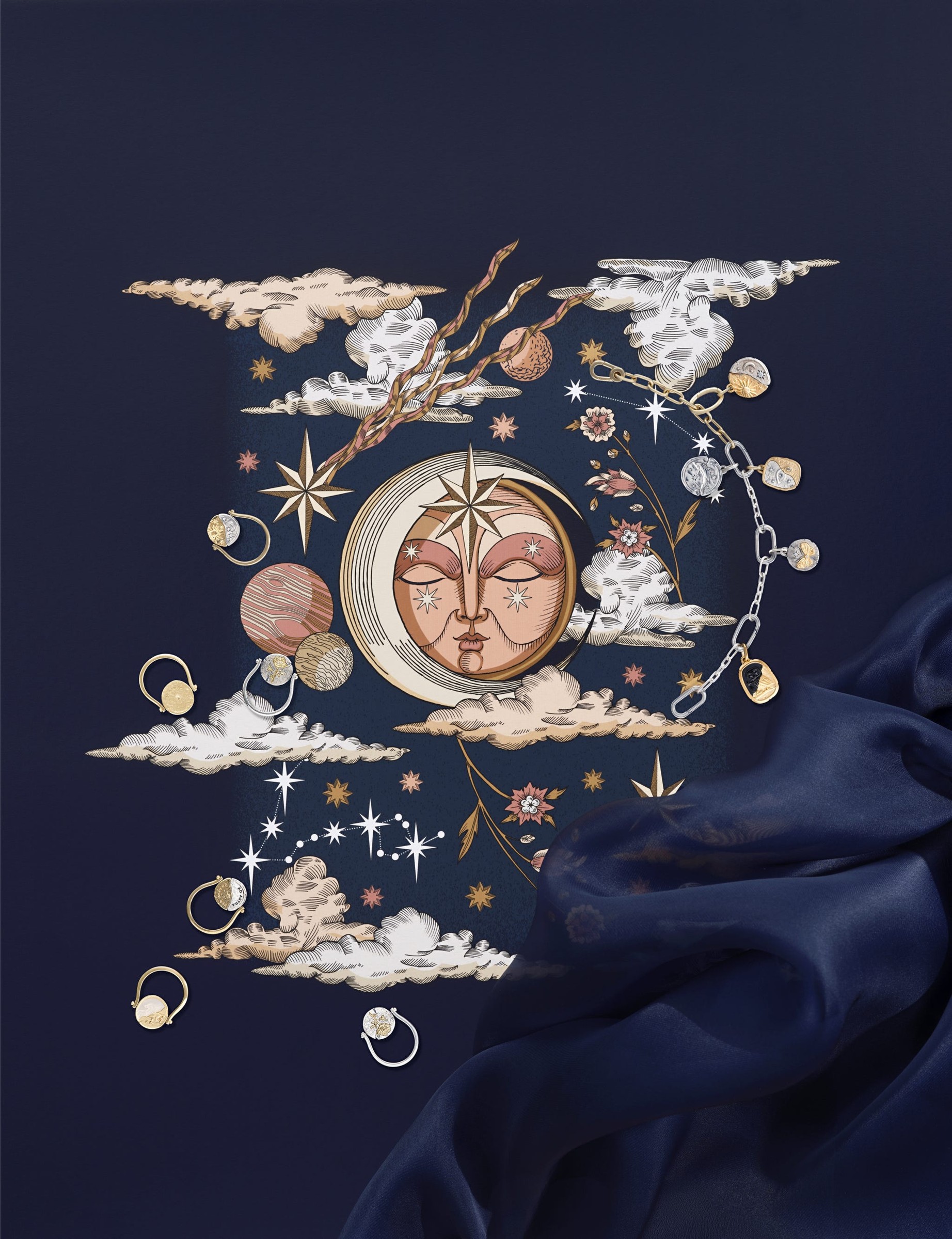 A celestial illustration featuring a face, stars, clouds, and decorative elements against a dark background.