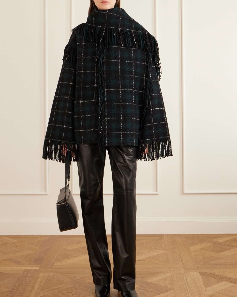 Fringed checked wool-blend jacket