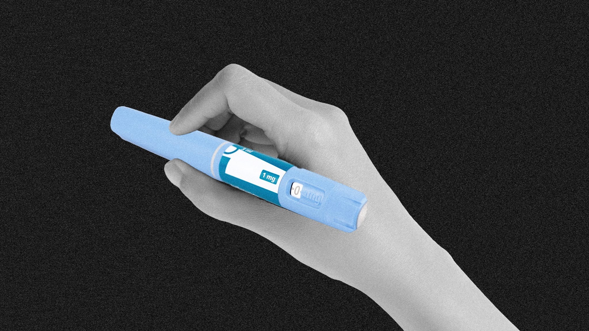 Hand holding a blue pen-like device labeled "1 mg" against a black background.