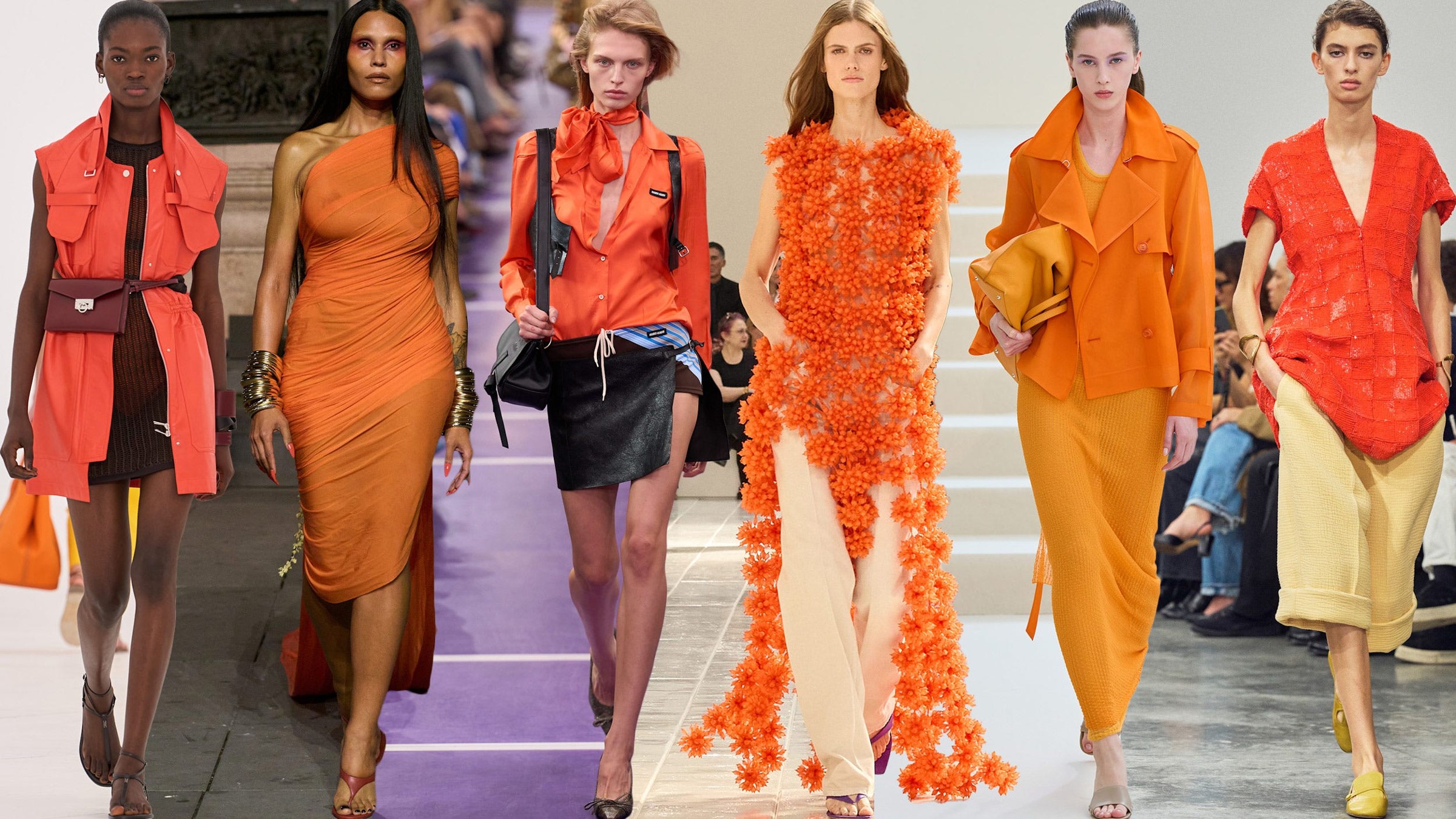 Models showcasing vibrant orange and red fashion outfits on a runway.