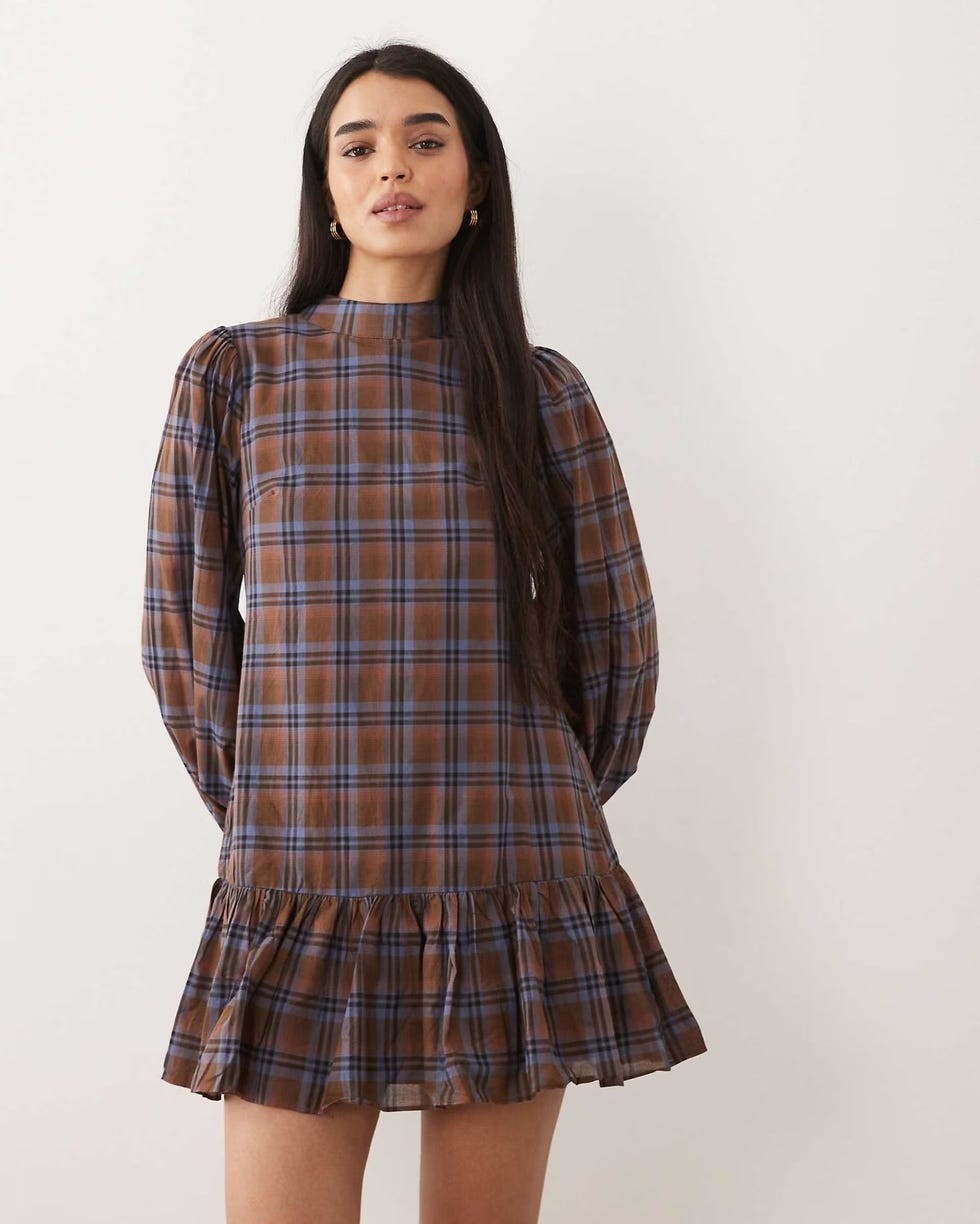 Glamorous puff sleeve high neck mini dress in blue brown plaid