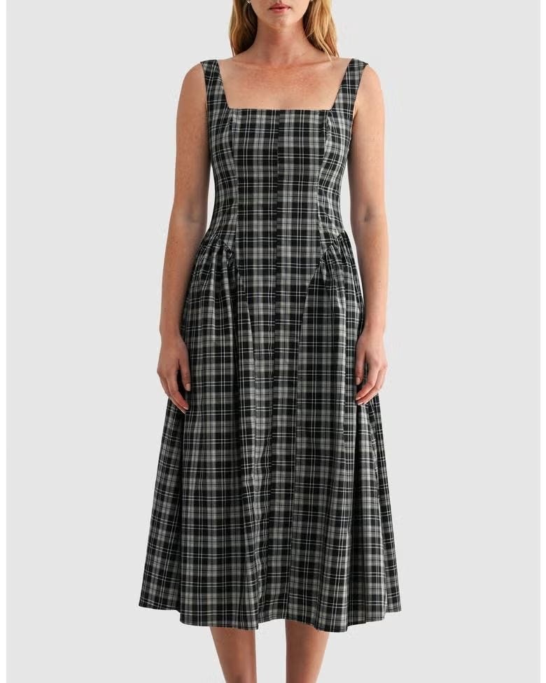 Plaid Square Neck Fit and Flare Midi Dress