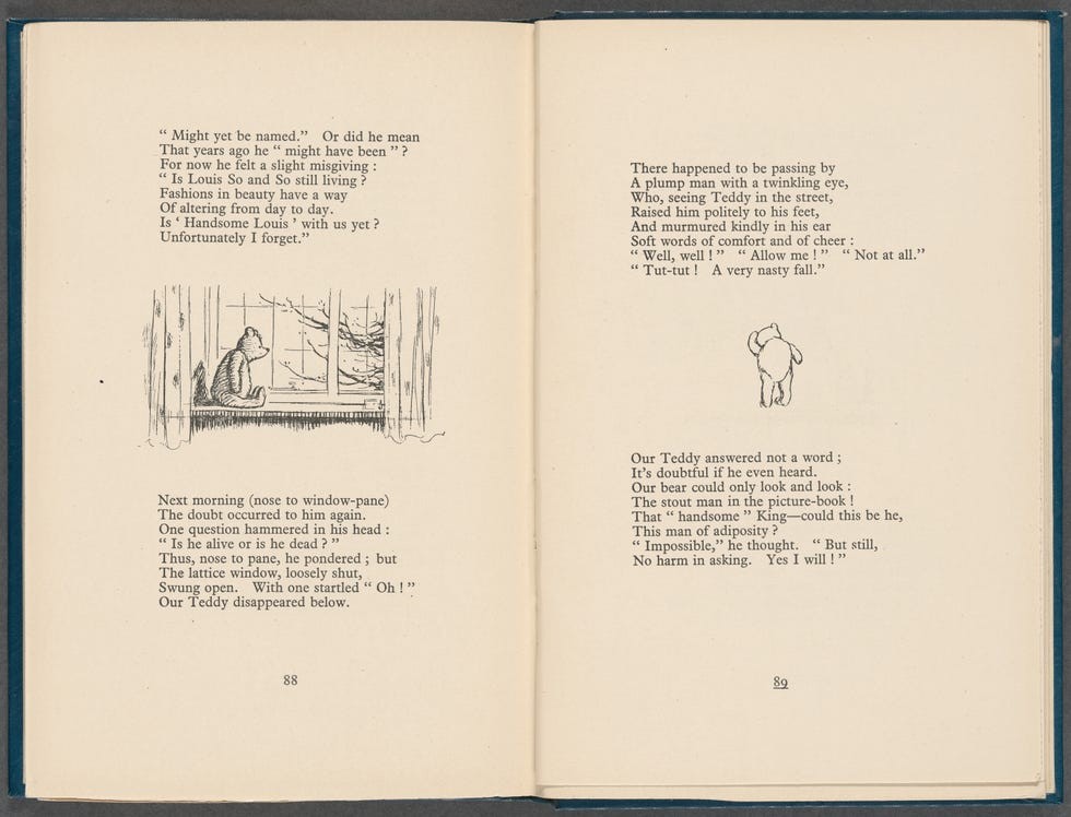 Illustration of a bear looking out a window, accompanied by text on the opposite page.
