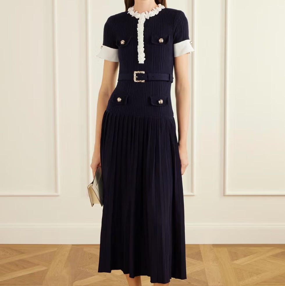 Belted floral-appliquéd ribbed midi dress