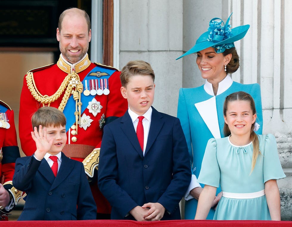 london, united kingdom june 14 embargoed for publication in uk newspapers until 24 hours after create date and time prince william, prince of wales colonel of the welsh guards, prince louis of wales, prince george of wales, catherine, princess of wales and princess charlotte of wales watch an raf flypast from the balcony of buckingham palace after attending trooping the colour 2025 on june 14, 2025 in london, england trooping the colour, also known as the kings birthday parade, is a military cer