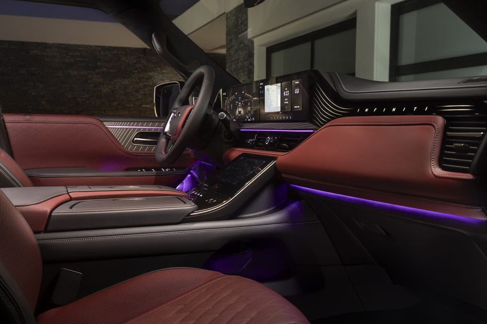 qx80’s cabin blends craftsmanship with intuitive technology inside, semi aniline leatherappointed seats feature a unique stitched finish effect that is partially completed by hand this finish extends to all three rows – reflecting infiniti’s belief that every seat should feel firstclass additional details include open pore ash wood trim pieces with lasercut inlays, secondrow touchscreen controls, secondrow massaging seats, thirdrow heated seats and a cooled center console box that helps keep bev