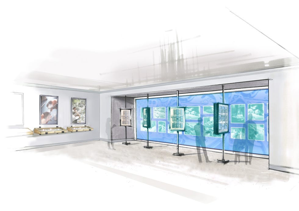Sketch of a modern exhibit space with screens displaying images and people interacting with the displays.
