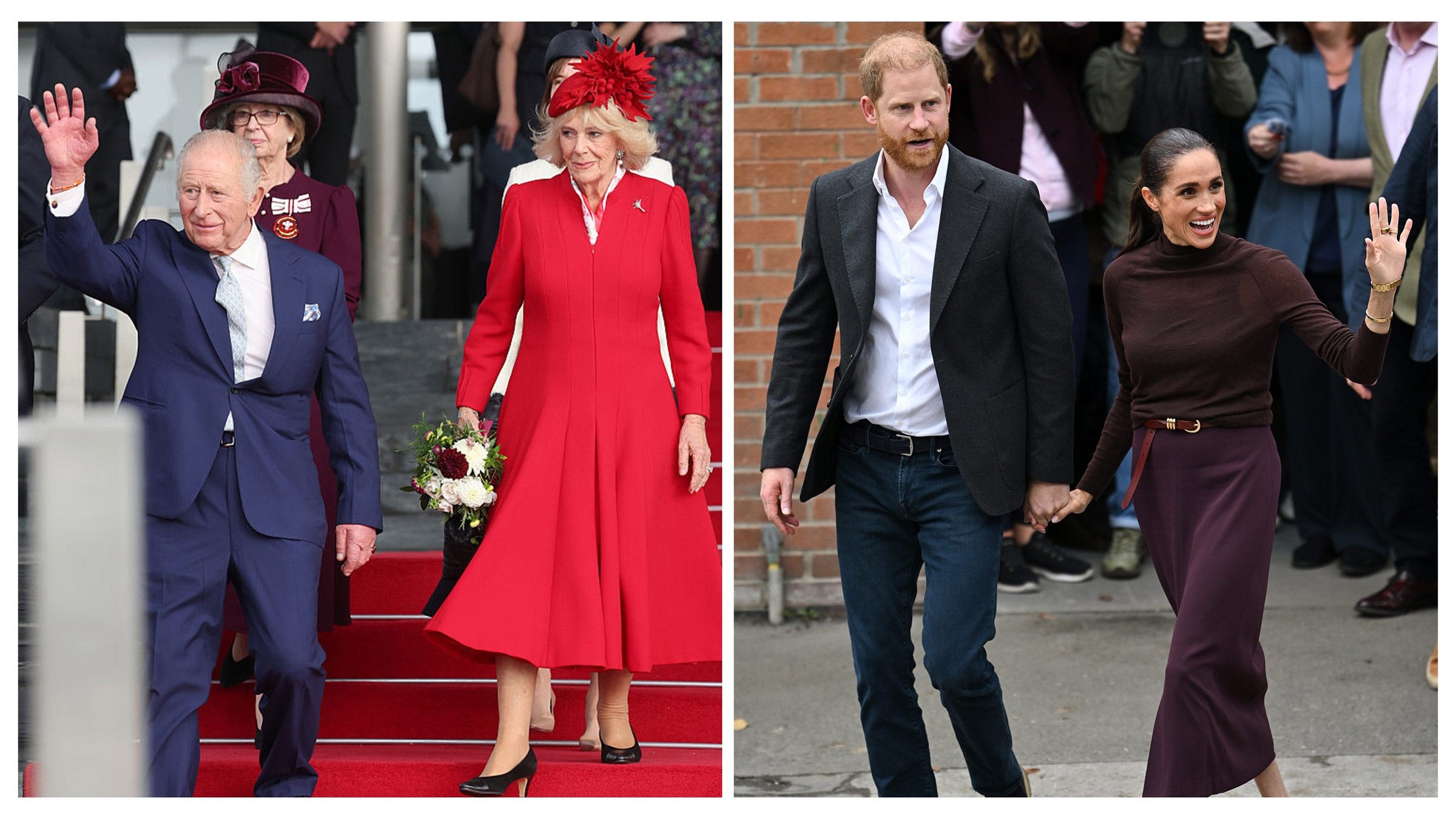 Royal figures and family members at public events, including Charles, Camilla, Harry, and Meghan.