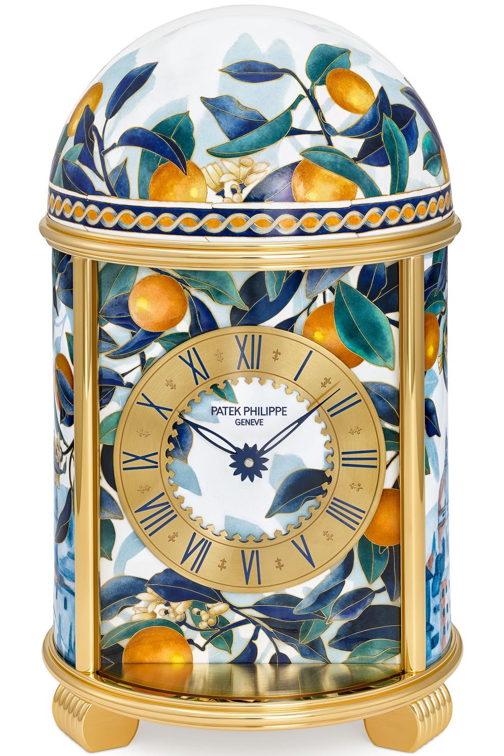Artistic table clock with intricate floral and citrus designs in vibrant colors.