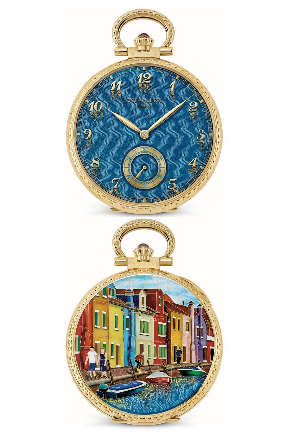 Gold pocket watch featuring a blue dial with gold accents and a colorful painted scene on the reverse side.