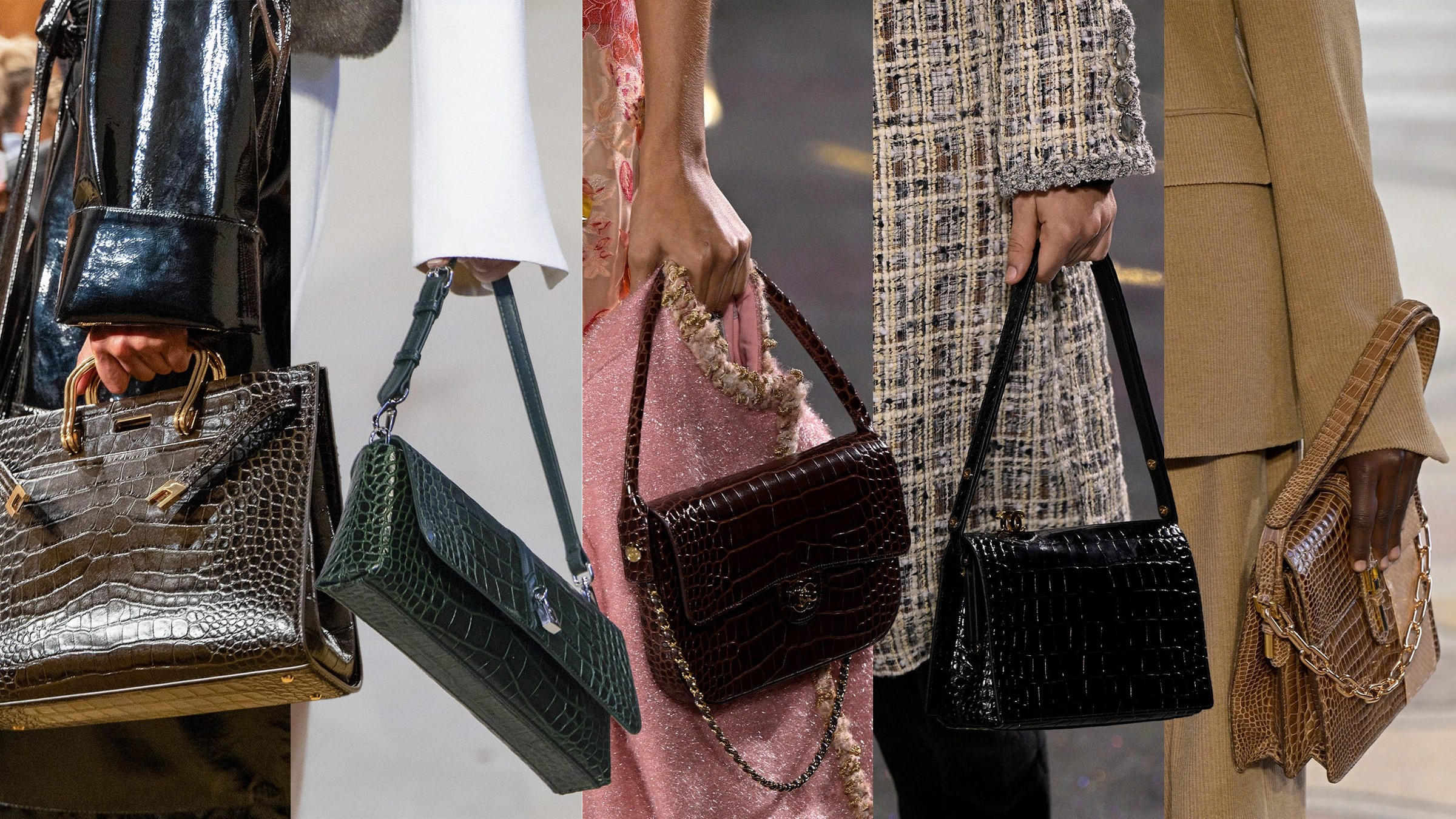 Five fashionable handbags in various designs and colors showcased in a runway setting.