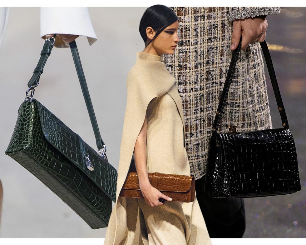 Assorted handbags displayed with different textures and colors, featuring a model in stylish attire.