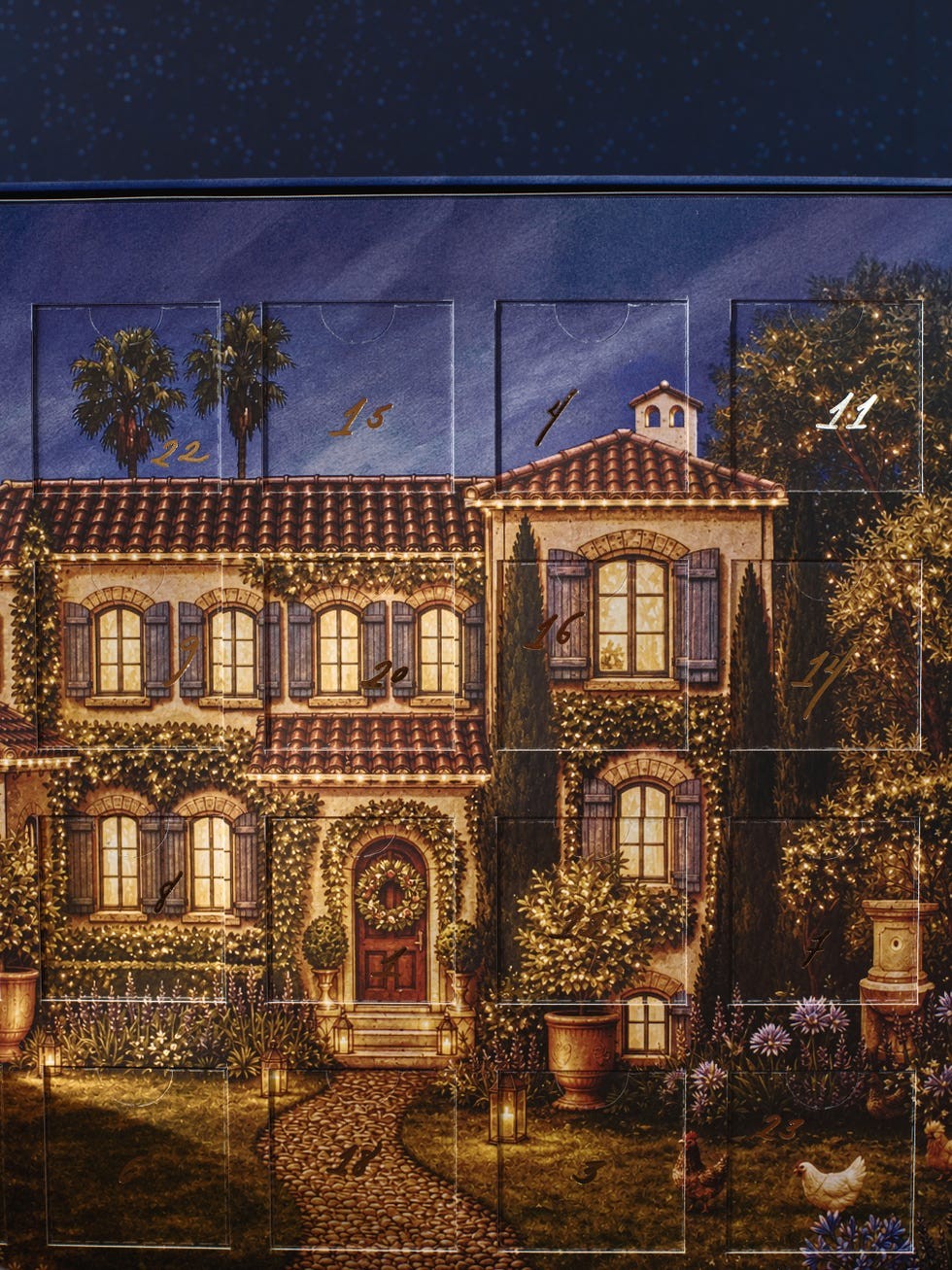 Decorative advent calendar featuring a cozy home with lights, plants, and numbered doors set against a night sky.
