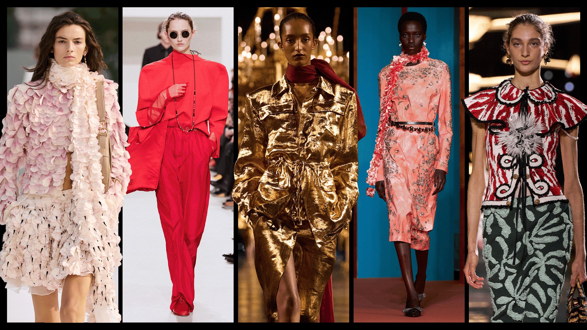 Collection of diverse fashion models showcasing unique styles and designs on a runway.
