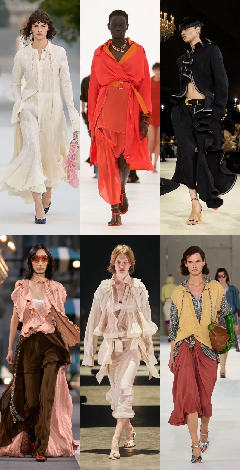 Fashion runway featuring diverse models in various stylish outfits and designs across six different looks.