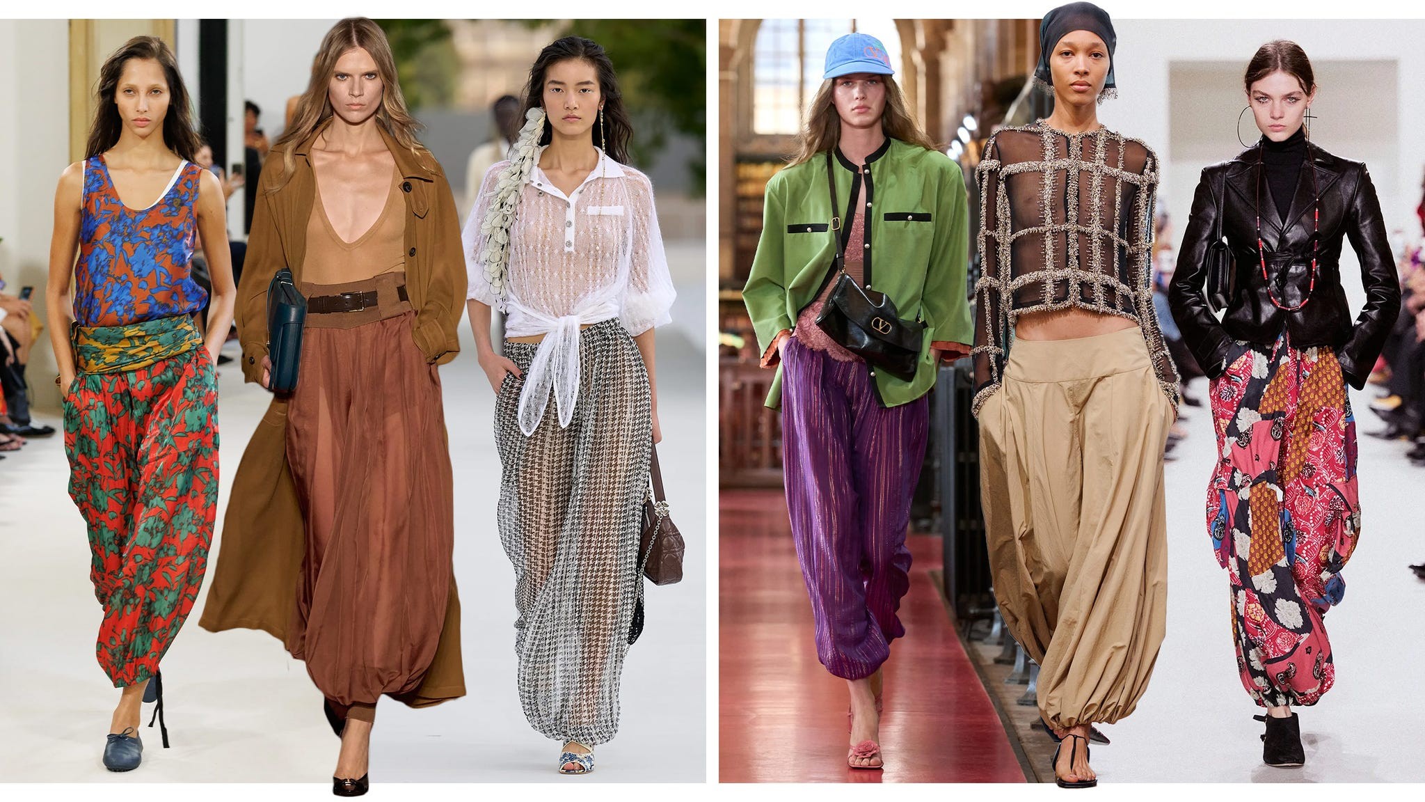 Models showcasing a variety of stylish outfits featuring billowy pants and vibrant patterns on a runway.