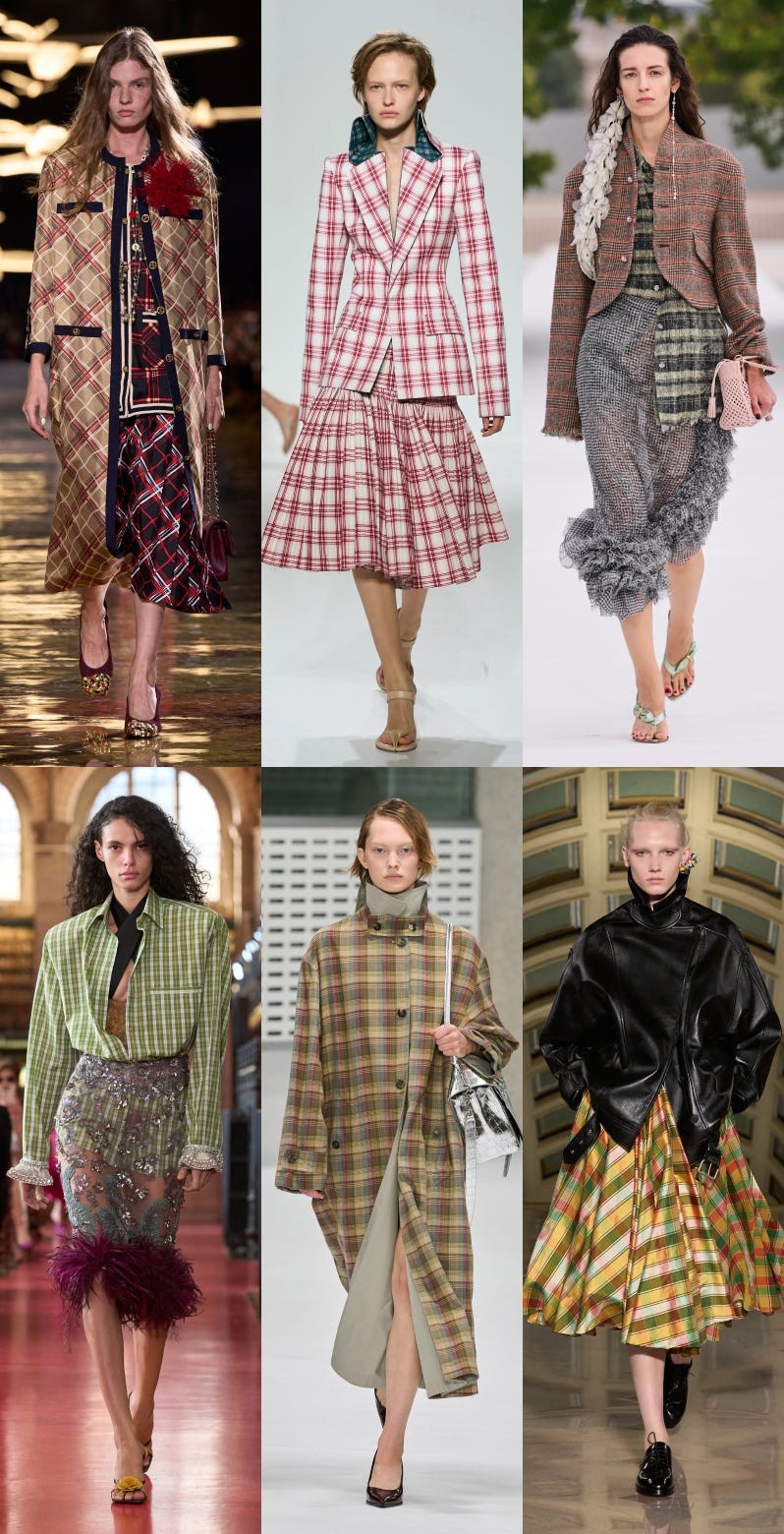 Fashion runway showcasing various plaid outfits worn by models in elegant poses.