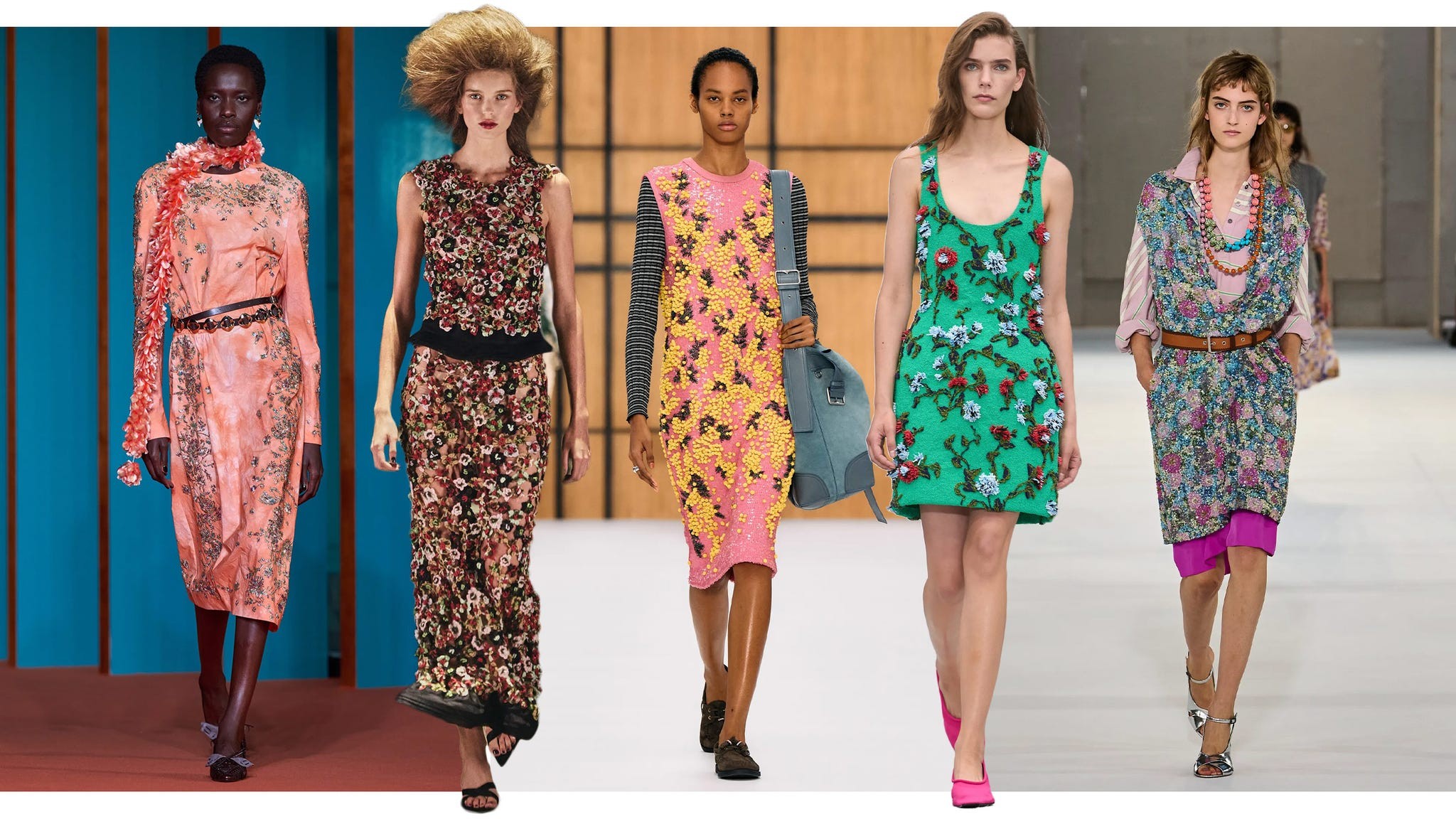 Five models showcase vibrant floral fashion on a runway, featuring colorful dresses and stylish accessories.