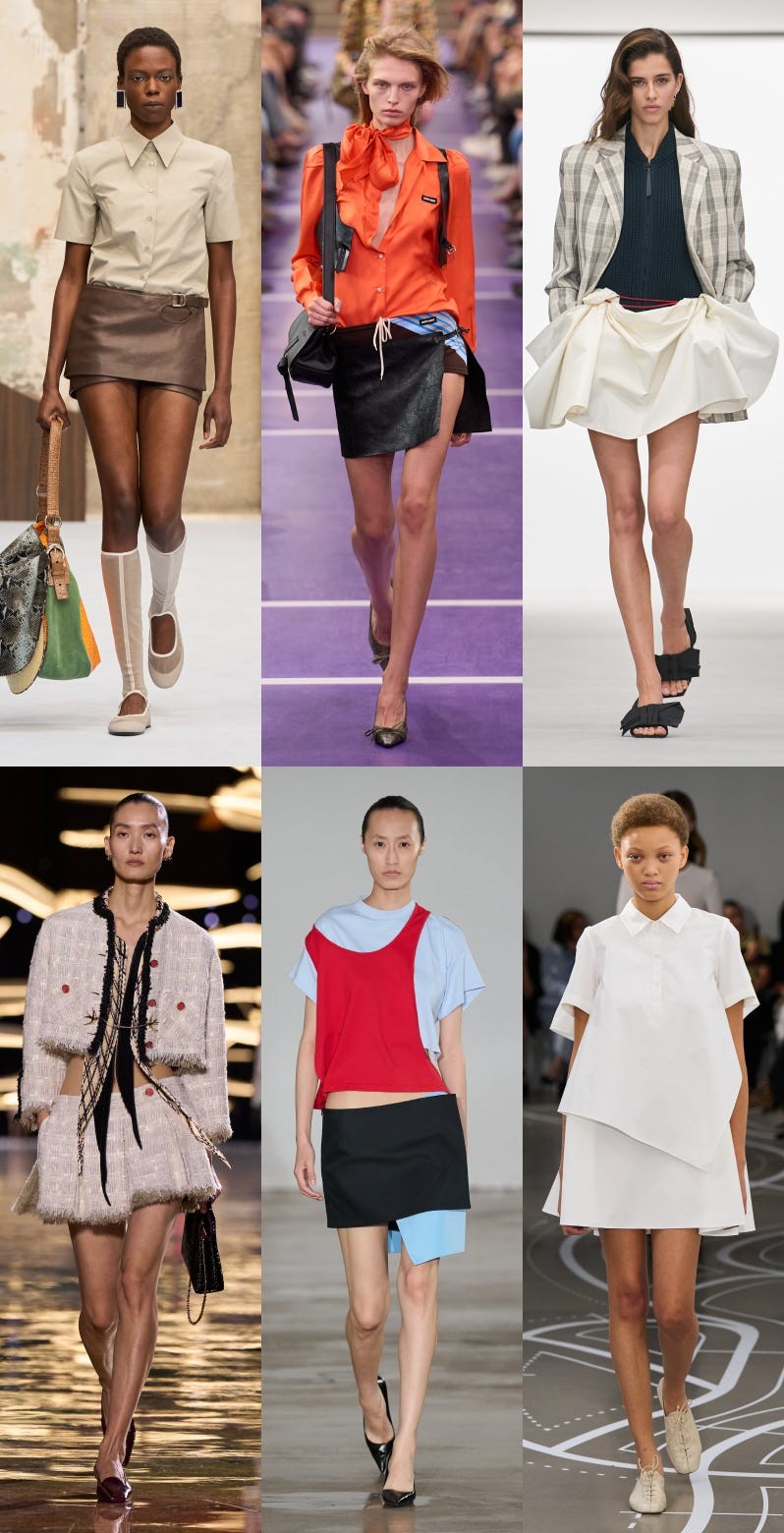 Fashion runway displaying various women's outfits and styles, including skirts and tops.