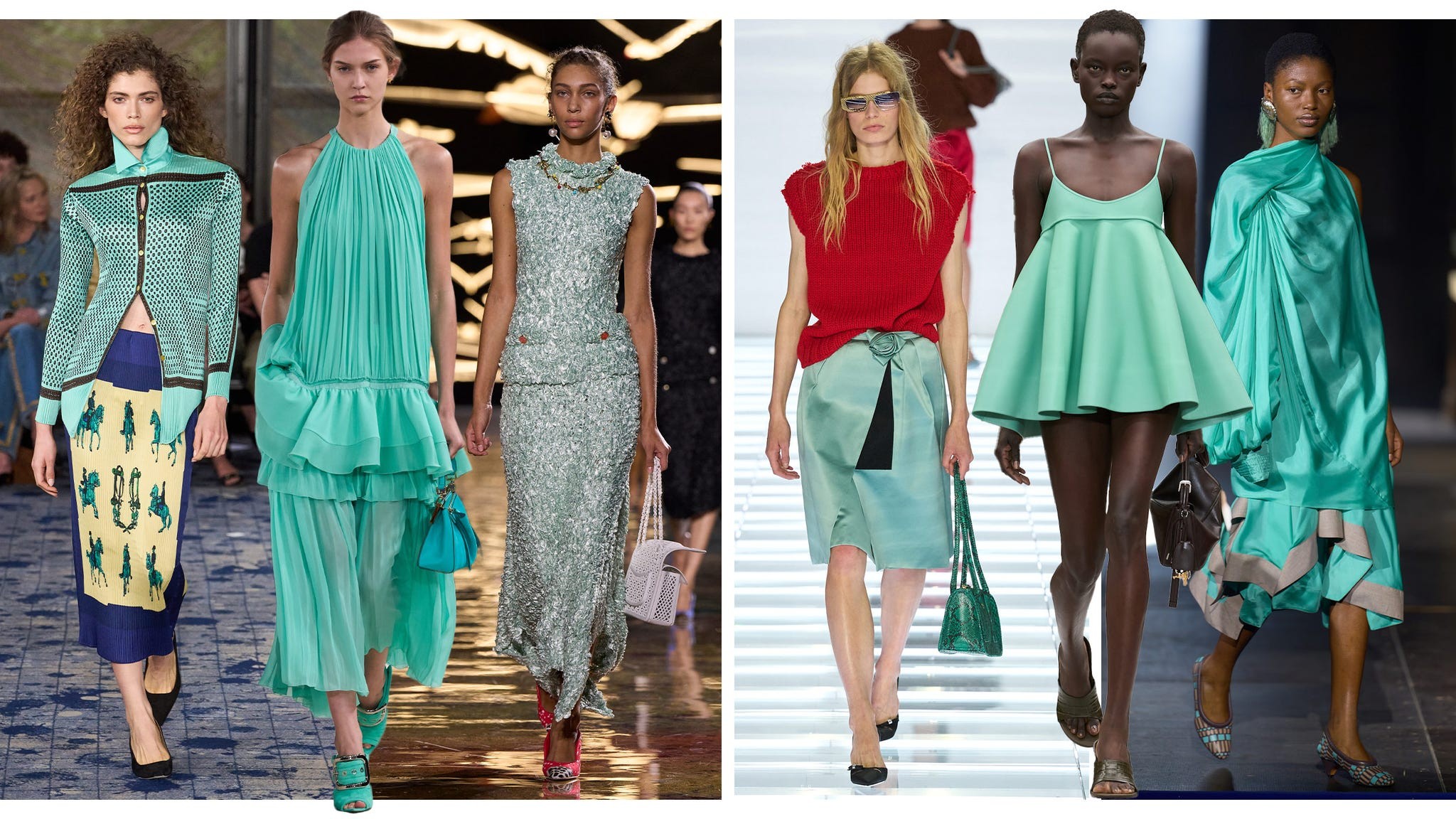 Models showcasing a variety of turquoise and green fashion designs on a runway.