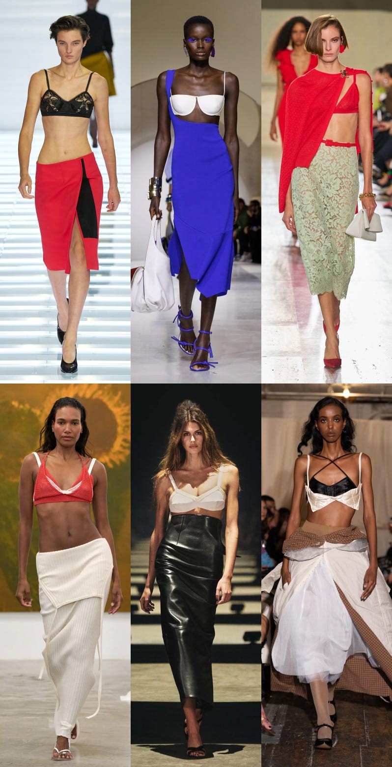 Fashion runway showcasing diverse models in contemporary styles and unique outfits, featuring various colors and textures.