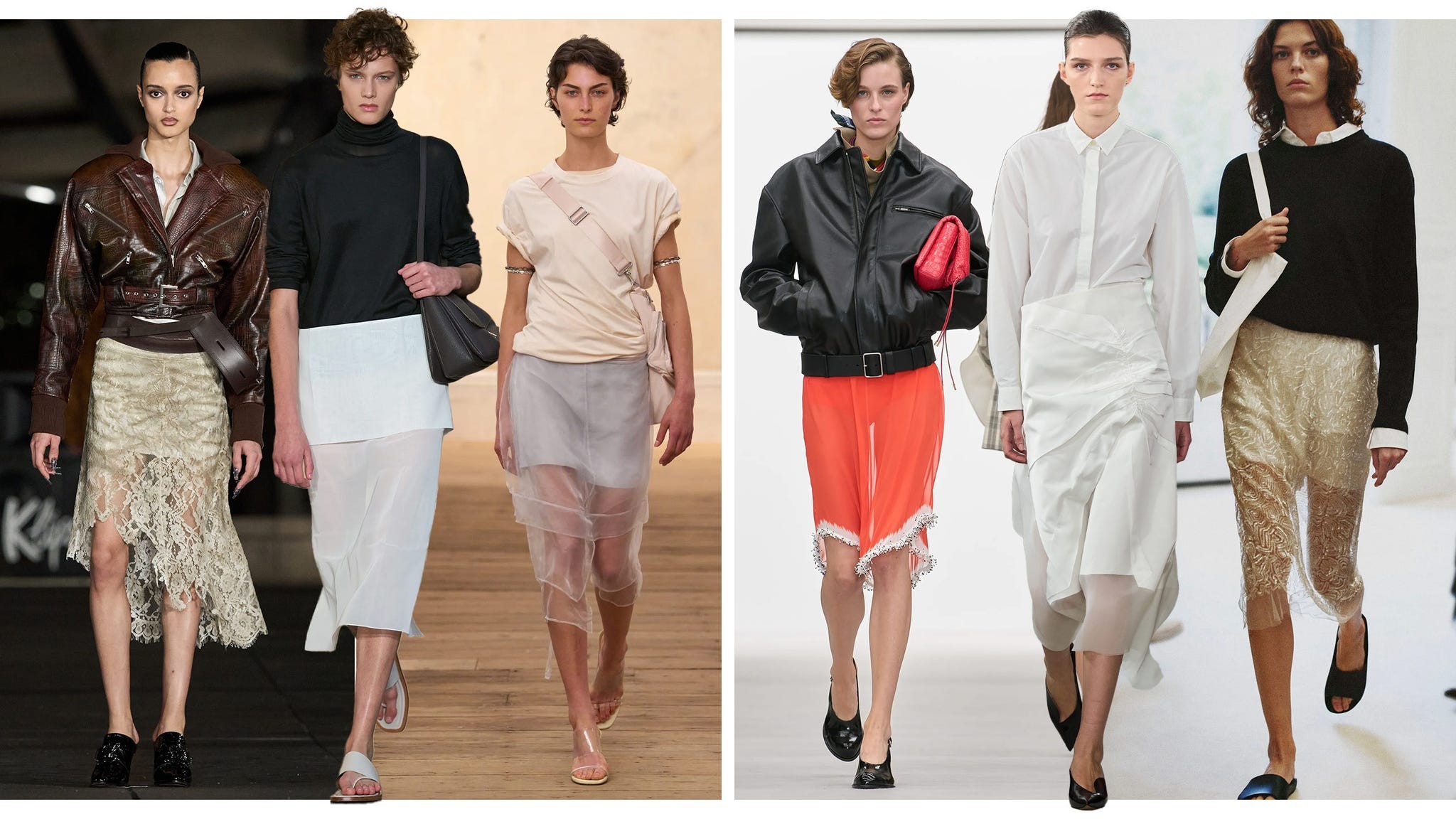 Model runway showcasing diverse fashion styles with layered clothing and contemporary accessories.