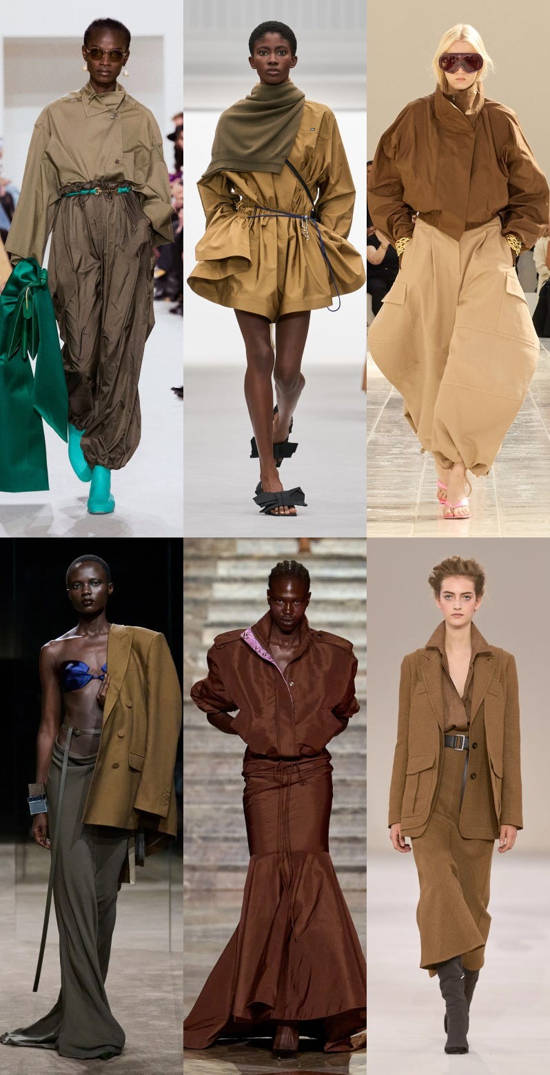 Fashion collection featuring diverse models in modern, oversized garments in earthy tones and unique silhouettes.