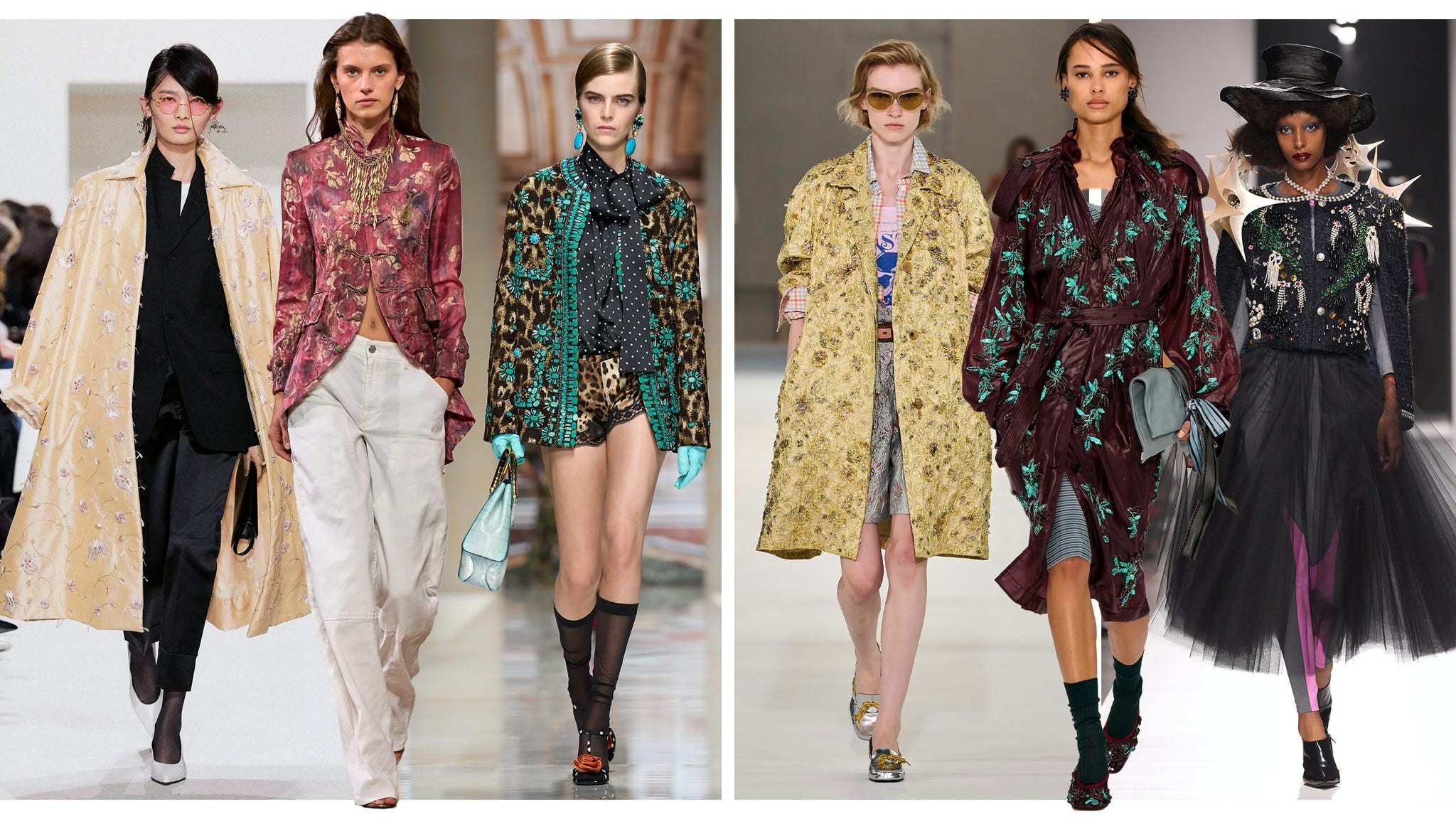 Runway fashion featuring diverse models in stylish outerwear and unique accessories, showcasing bold patterns and colors.