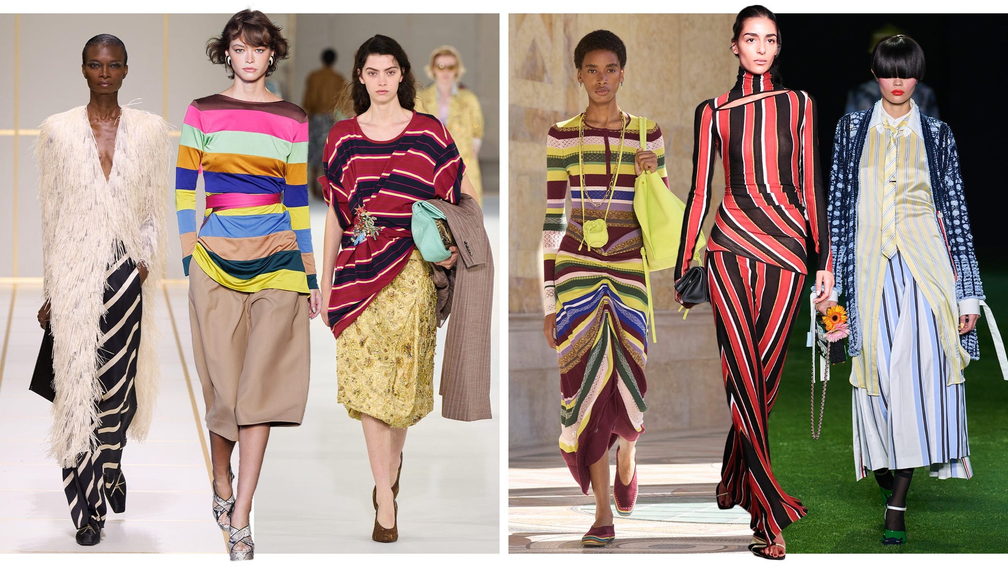 A collage of fashion models showcasing colorful and striped clothing designs on a runway.