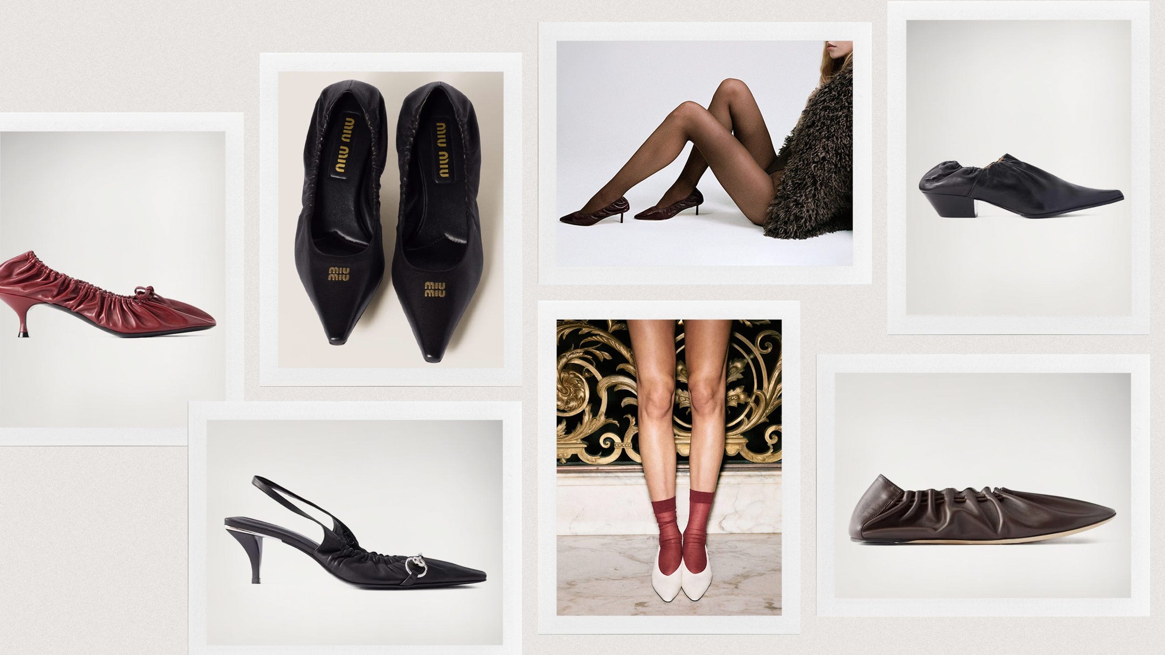 A collection of stylish women's shoes in various designs and colors arranged in a unique layout.
