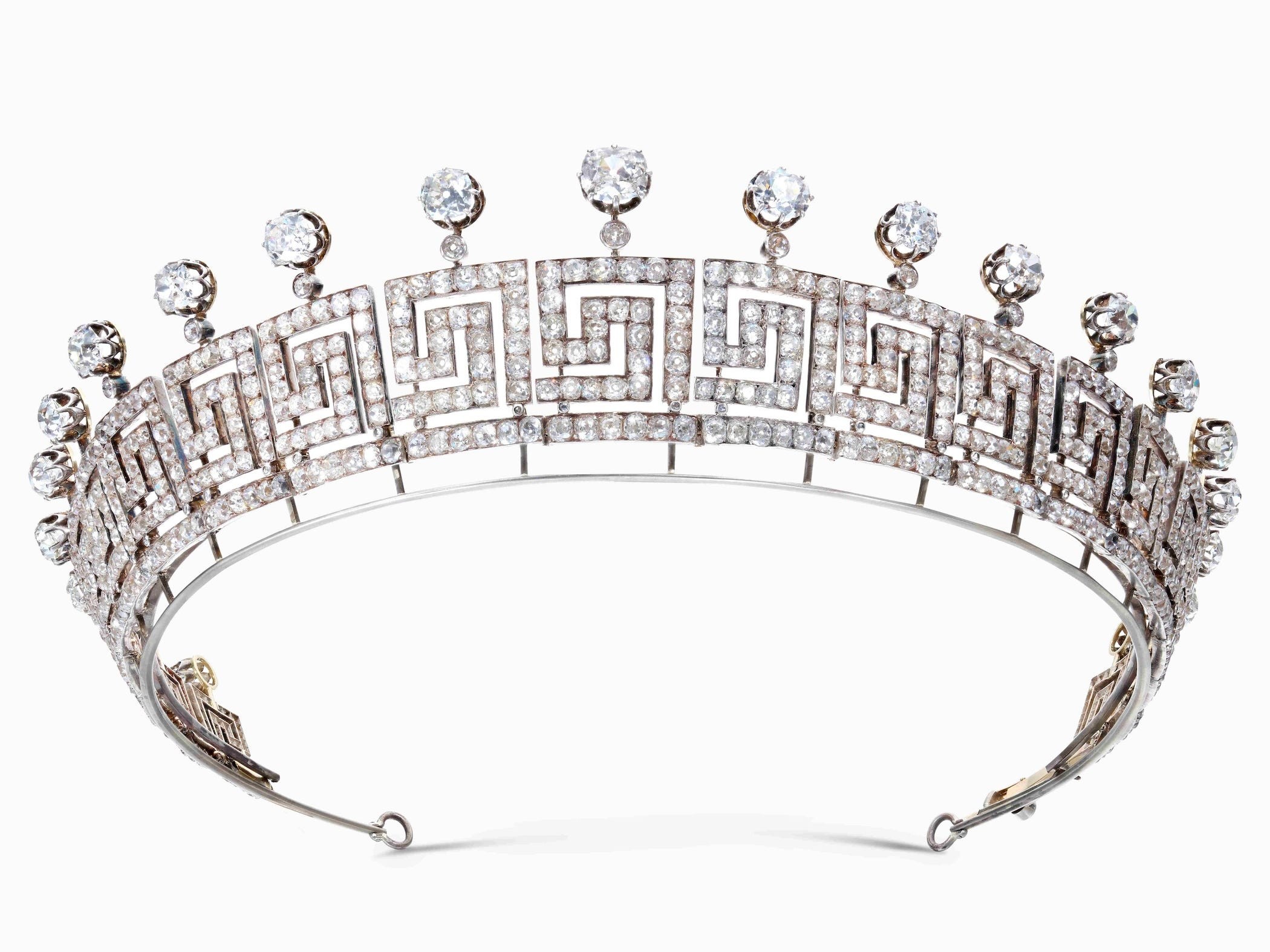 Elegant tiara with geometric design and sparkling gemstones.