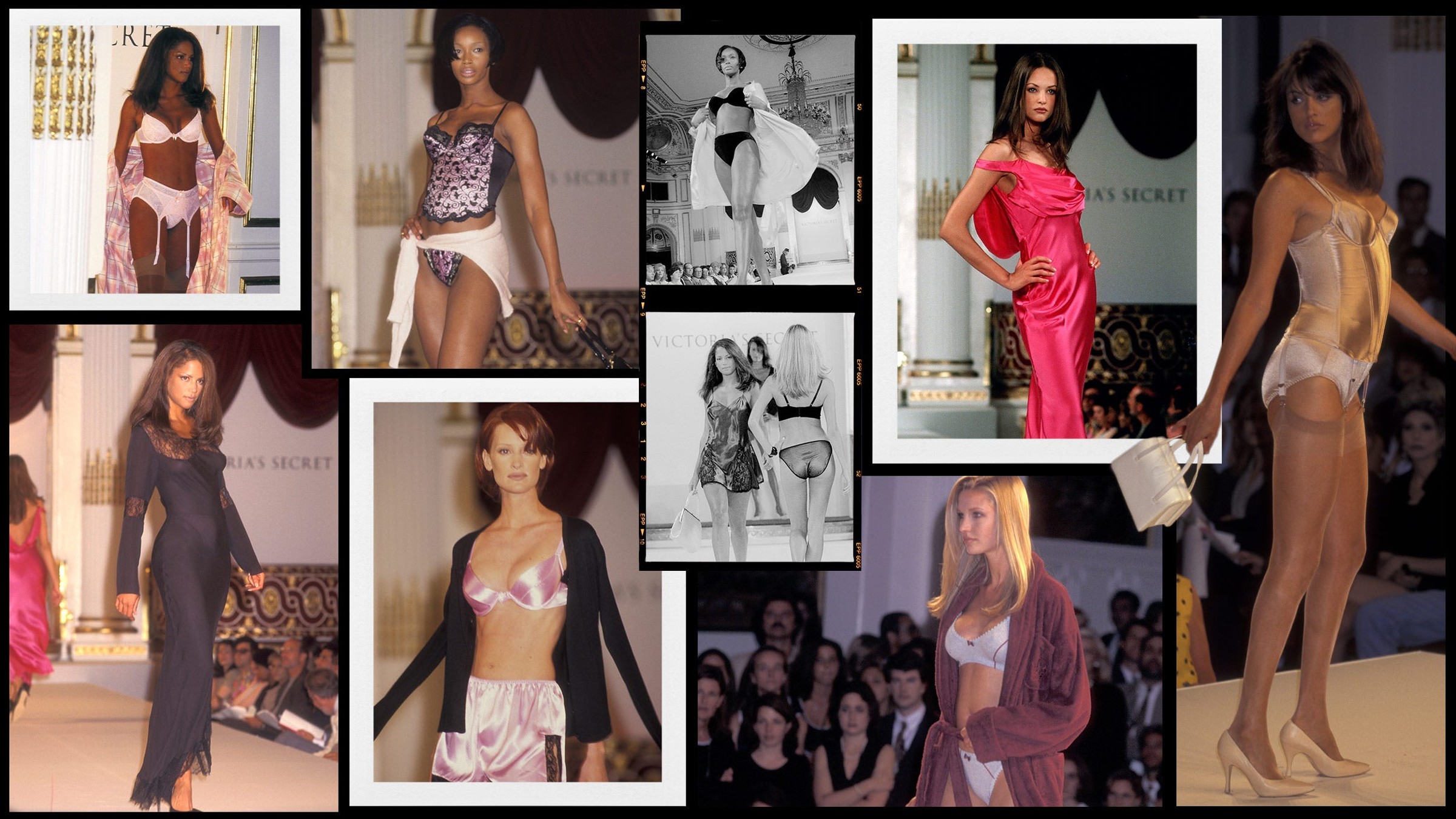 A collage of models showcasing lingerie and sleepwear on a runway at a fashion show.