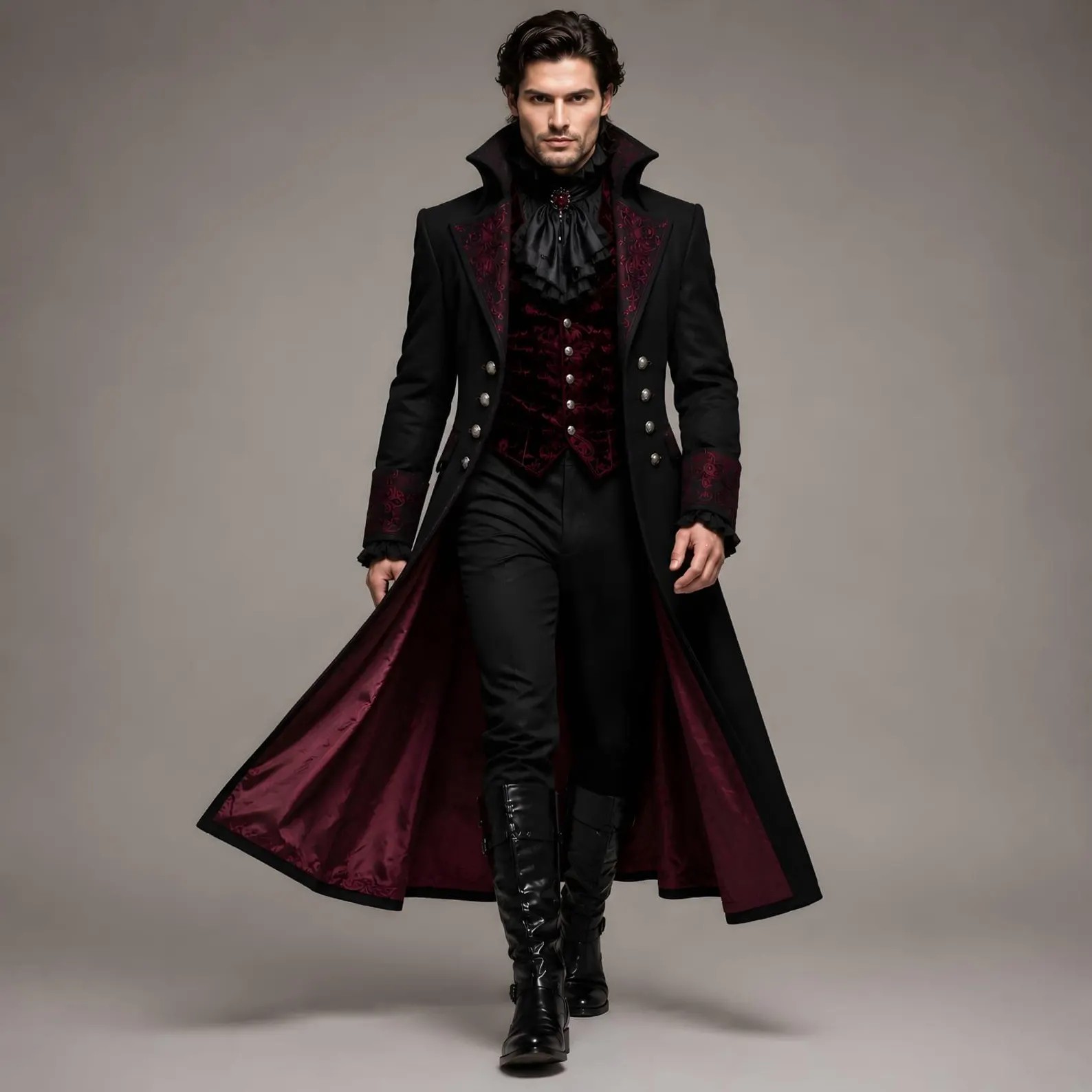 Man in green velvet blazer with ruffled collar and cravat in a gothic poet Halloween outfit