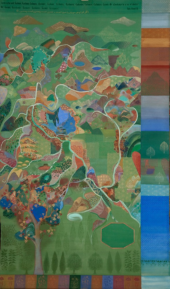 Vibrant abstract landscape with colorful patterns, trees, and winding paths illustrating nature and tranquility.
