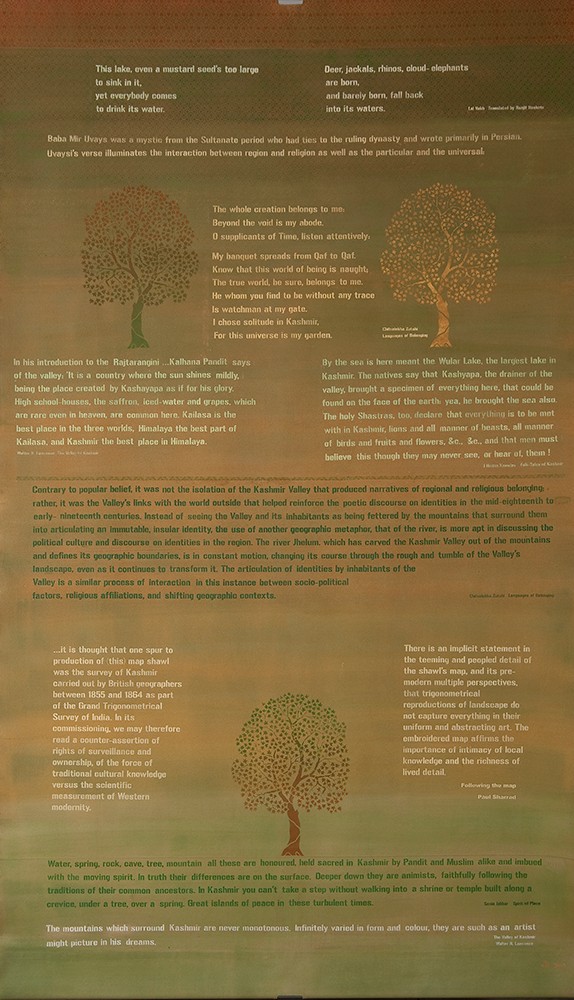 Text depicting the cultural and religious significance of water and nature in Kashmir, illustrated with trees and poetic excerpts.