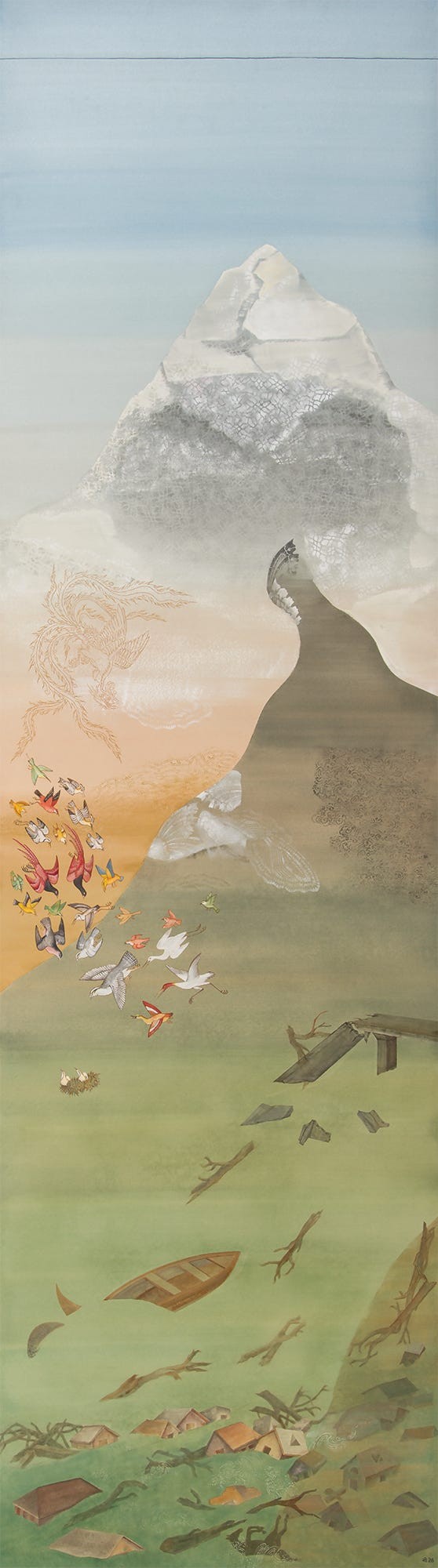 A serene landscape featuring a mountain, colorful birds in flight, and submerged houses amidst a green and blue background.