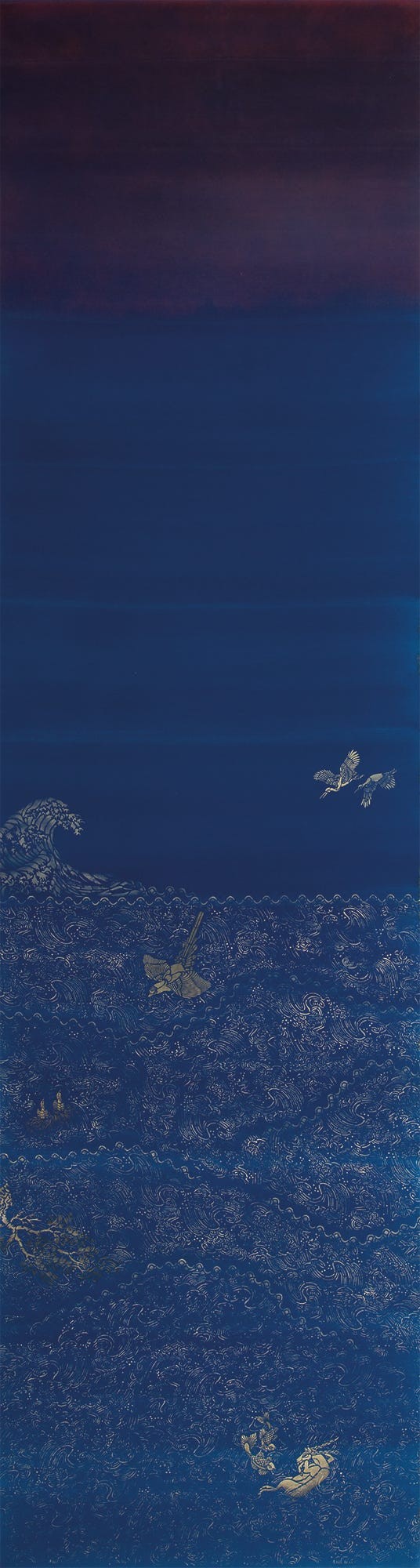 Abstract depiction of ocean waves with subtle figures and animals in a deep blue and dark background.