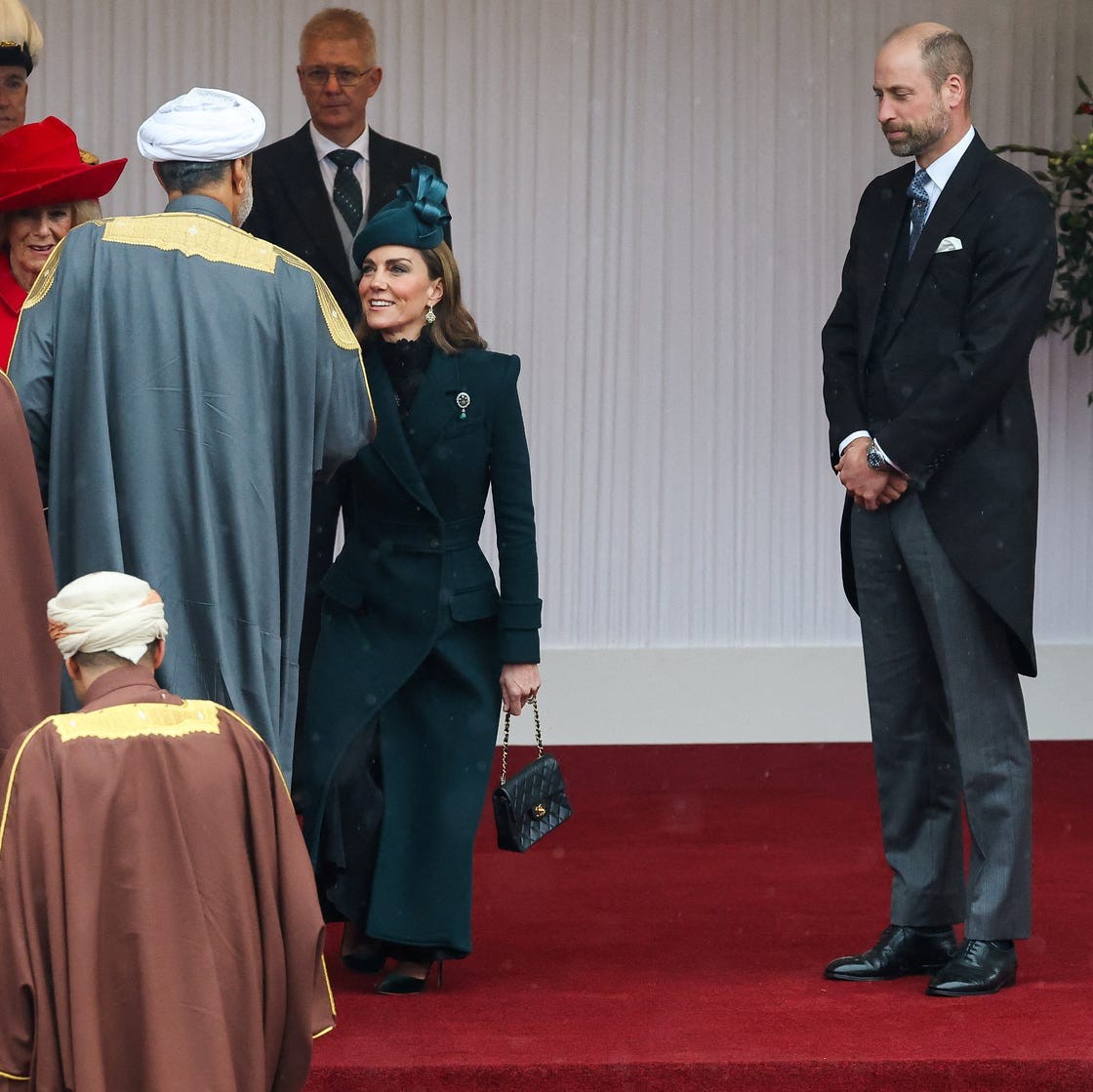 windsor, england october 20 catherine, princess of wales welcomes omans sultan haitham bin tariq next to king charles iii, queen camilla and william, prince of wales, as they attend a ceremony on the royal dais at datchet road during the state visit of the sultan of oman to the uk on october 20, 2026 in windsor, england sultan haitham bin tarik, sultan of oman, is on a threeday state visit to the uk photo by toby melville wpa poolgetty images