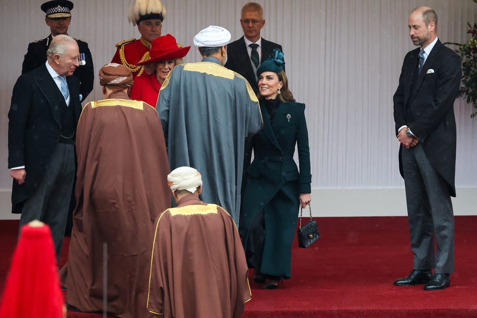 windsor, england october 20 catherine, princess of wales welcomes omans sultan haitham bin tariq next to king charles iii, queen camilla and william, prince of wales, as they attend a ceremony on the royal dais at datchet road during the state visit of the sultan of oman to the uk on october 20, 2026 in windsor, england sultan haitham bin tarik, sultan of oman, is on a threeday state visit to the uk photo by toby melville wpa poolgetty images