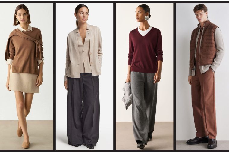 Four models showcase fall fashion styles featuring layered looks and a neutral color palette.